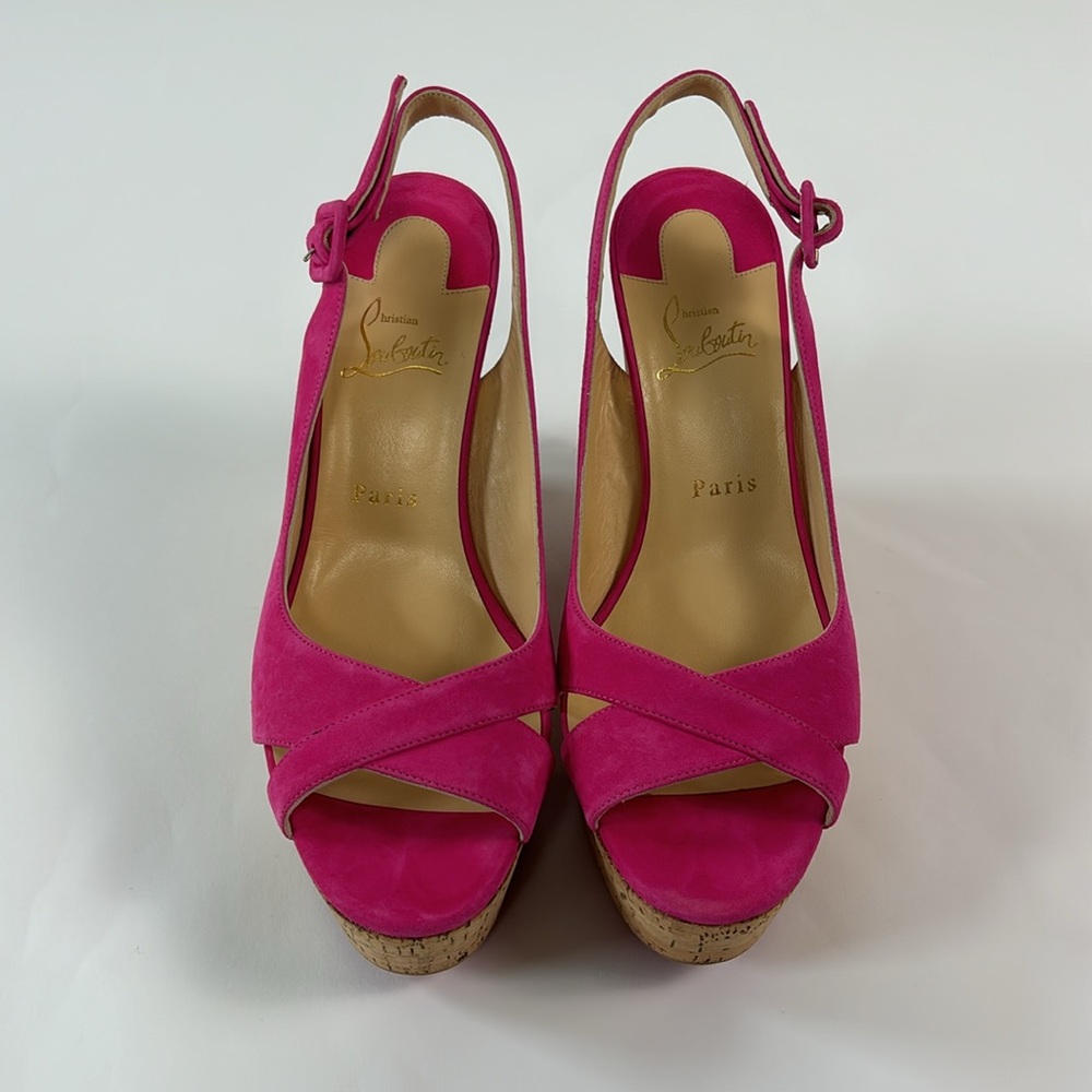 Christian Louboutin Pink Suede Cork Wedge Sandals - Picture 3 of 8